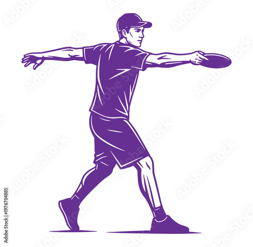 young man playing frisbee on a field in a purple illustration