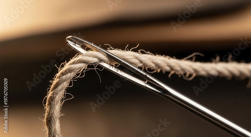 Macro shot of a thick, frayed rope being threaded through the large eye of a metallic sewing needle