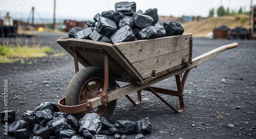 A traditional wooden wheelbarrow overflowing with large chunks of black coal sitting on a dark, rocky ground at an industrial site.