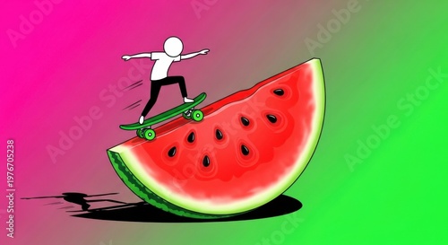 Skateboarder on Watermelon: A whimsical scene features a tiny skateboarder effortlessly gliding down a giant slice of juicy watermelon, set against a vibrant background, full of fun and freshness.