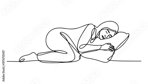 One continuous line illustration of an woman sleeping , isolated on white background.