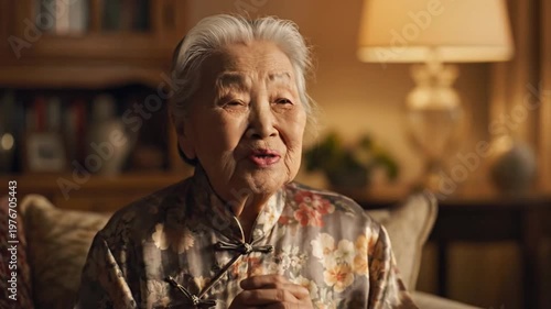 Elderly Asian woman speaking and gesturing in warm living room
