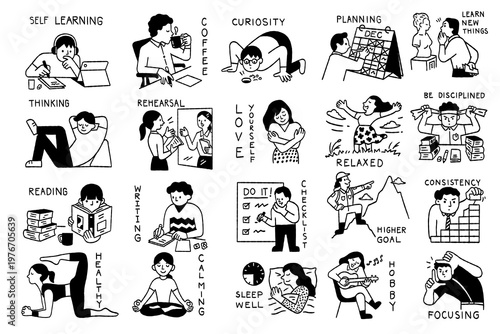 Ways to improve yourself. Cute character illustration design of people in various activities and doing for better or improve skill and abilities. Black and white doodle style. Hand drawn sketch.