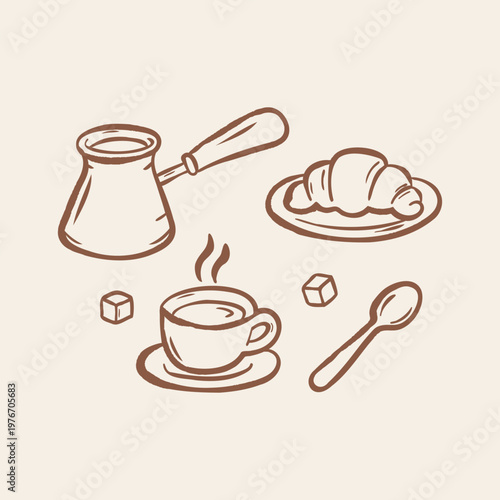 Hand drawn coffee and dessert doodle set with cup, croissant, cezve and spoon. Cozy cafe style illustration for bakery and breakfast design.