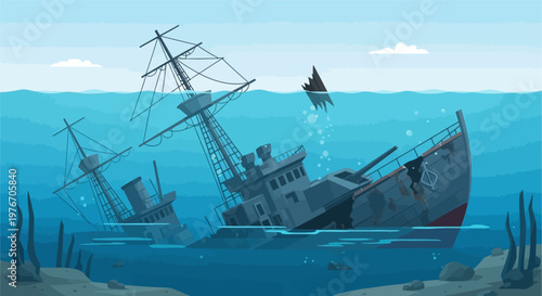An illustration of a large old shipwreck partially submerged in blue ocean water with bubbles and debris.