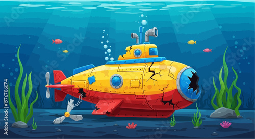 A broken yellow and red submarine with cracks and a detached propeller rests on the ocean floor among seaweed and fish.