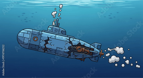 A cartoon illustration of a damaged blue submarine sinking underwater with bubbles and smoke.
