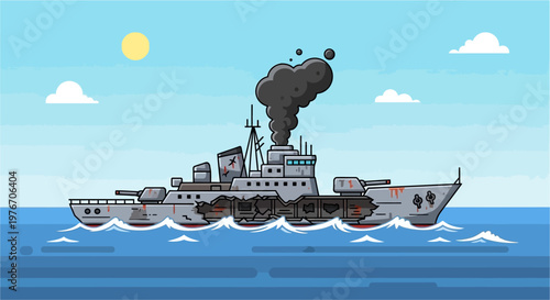A cartoon illustration of a heavily damaged warship, possibly a battleship or cruiser, sailing on the open sea under a blue sky with smoke billowing from its damaged hull and smokestack.