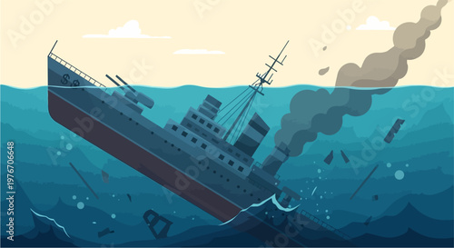 A large warship or cargo vessel is sinking into the deep blue ocean with smoke billowing from its damaged hull and debris floating around.