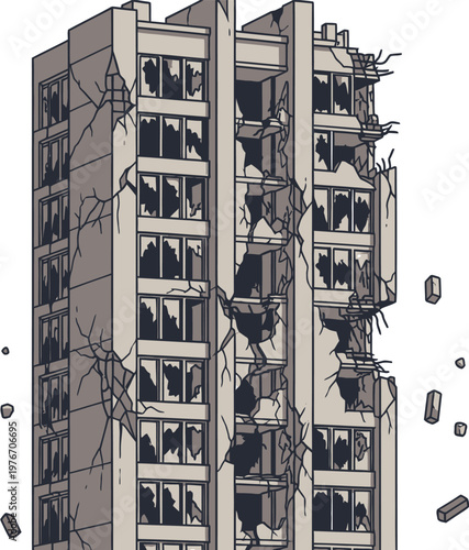 A multi-story building severely damaged with cracks, broken windows, and falling debris, depicting destruction and ruin.