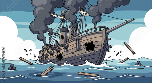 A heavily damaged cartoon warship sinking in a choppy ocean with smoke and debris.