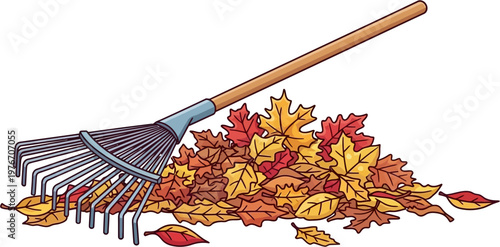 A cartoon illustration of a metal rake with a wooden handle next to a large pile of colorful autumn leaves in shades of red, orange, and yellow.