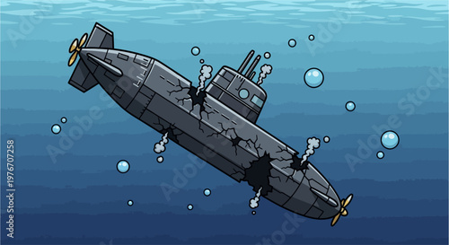A cartoon illustration of a damaged submarine sinking underwater with cracks and bubbles.