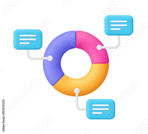 Chart diagram connected with blue bubble label with text lines. Presentation, infographic, analytics, statistics, data analysis and visualization concept. 3d vector icon. Cartoon minimal style.