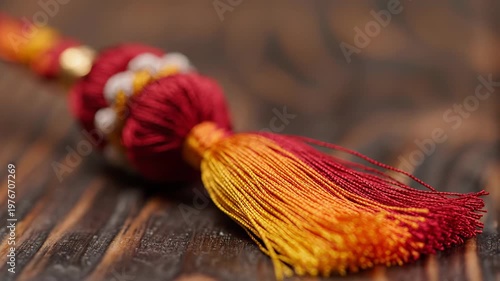 Decorative silk tassel ornament with red and gold threads, intricate beads, and wooden background, festive accent for crafts and home decor