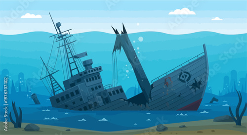 An old, broken shipwreck rests on the sandy seabed under blue ocean water, with bubbles rising and simple underwater flora.