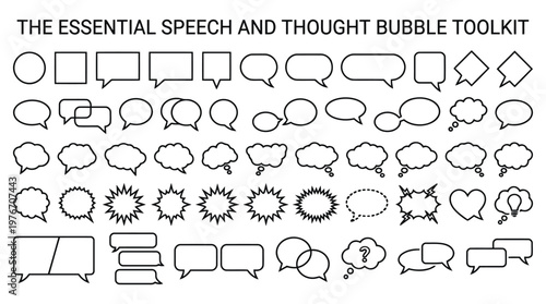 The essential speech and thought bubble toolkit with diverse shapes and styles.