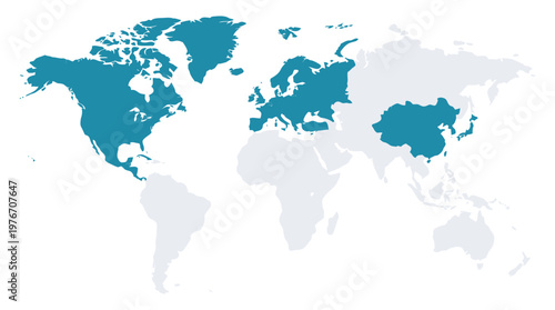 Infographic world map highlighting specific continents and regions in teal blue and grey.