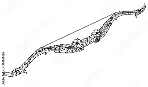Elven longbow with botanical carvings line art vector fantasy weapon design isolated on white background