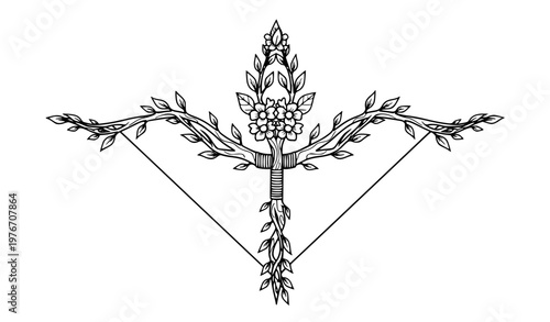 Enchanted elven archery bow with symmetrical floral design black outline vector illustration isolated
