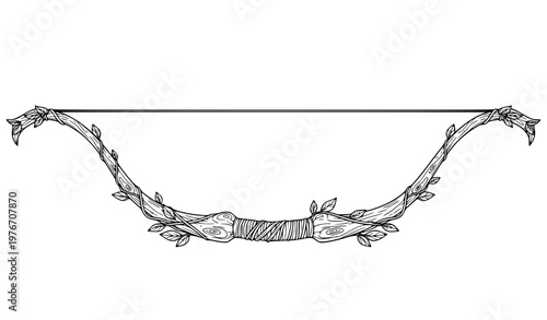 Magic elven bow with floral ornament line art vector fantasy archery weapon illustration isolated on white