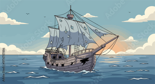 A detailed illustration of an old, damaged sailing ship with tattered sails on the open sea at sunset.