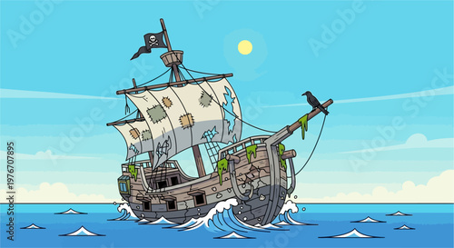 Cartoon pirate ship with tattered sails and a crow on the bow sailing on a blue ocean under a sunny sky.