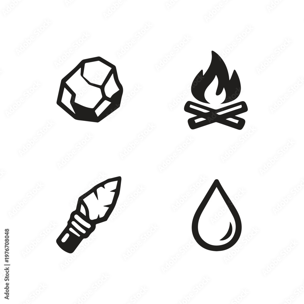 Obraz premium Primitive Survival Elements Stone Fire Spear Water Drop Essential Icons