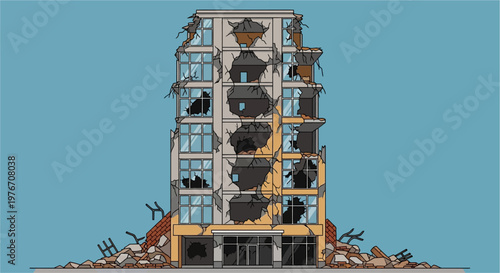 A heavily damaged multi-story building with broken windows and debris scattered around its base, against a blue sky.