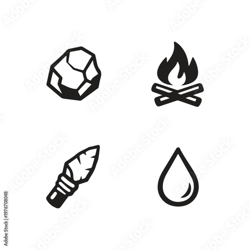 Primitive Survival Elements Stone Fire Spear Water Drop Essential Icons