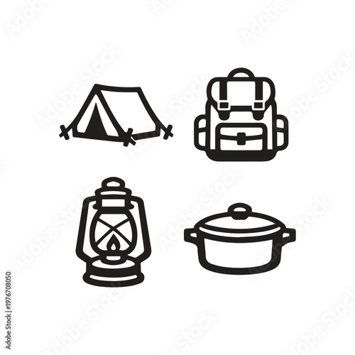 Essential Camping and Outdoor Adventure Gear Icons Tent Backpack Lantern Cooking Pot