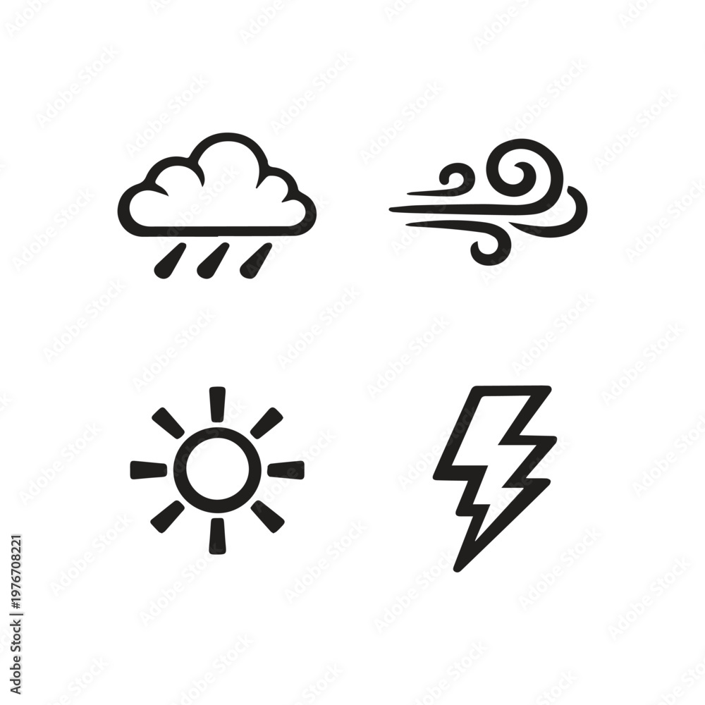 Fototapeta premium Essential weather condition symbols illustrating sun rain wind and lightning power