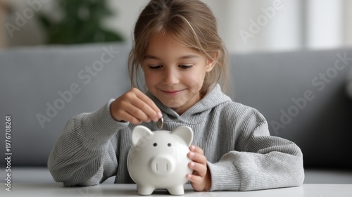 Little girl adding coin to piggy bank, learning about financial savings for future