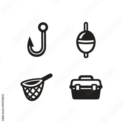 Essential Fishing Gear Collection Hook Bobber Net Tackle Box Icons Set