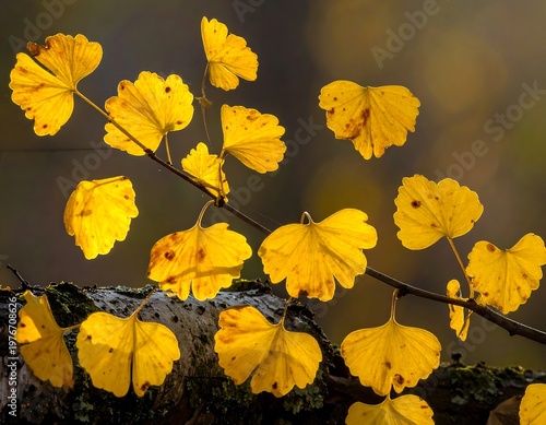 Close-up of golden autumn leaves on a branch, bokeh background