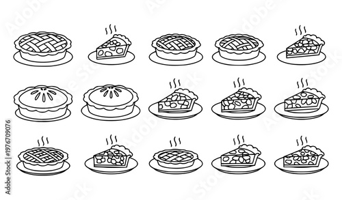 Black and white apple pie line art vector set with steaming slices and whole pies for bakery menu design