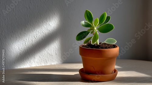 Small Green Plant in Brown Pot on Wooden Table with Sunlight Shadows
