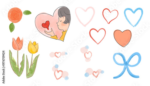 かわいいハートとロマンチックなモチーフの水彩風ベクターイラストセット