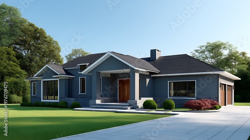 Modern Single-Story House with Stone Accents and Green Lawn