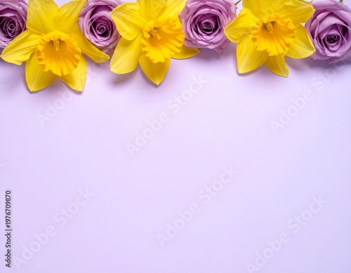 A beautiful spring flowers border featuring a pink rose bouquet and yellow tulip blossoms on a paper frame card for a floral nature gift