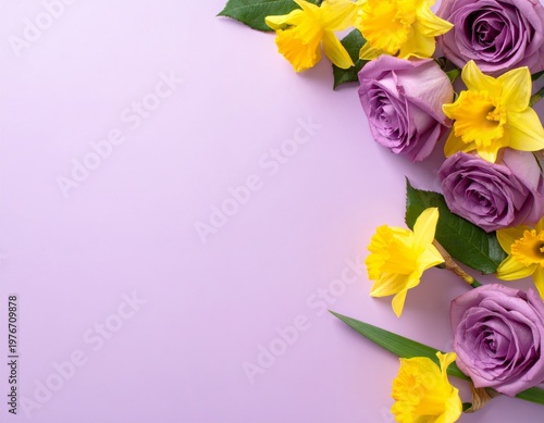 A beautiful spring flowers border featuring a pink rose bouquet and yellow tulip blossoms on a paper frame card for a floral nature gift