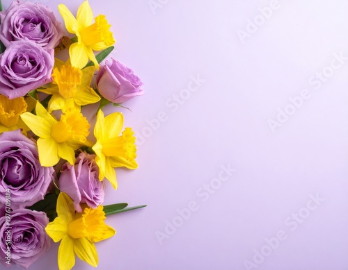 A beautiful spring flowers border featuring a pink rose bouquet and yellow tulip blossoms on a paper frame card for a floral nature gift