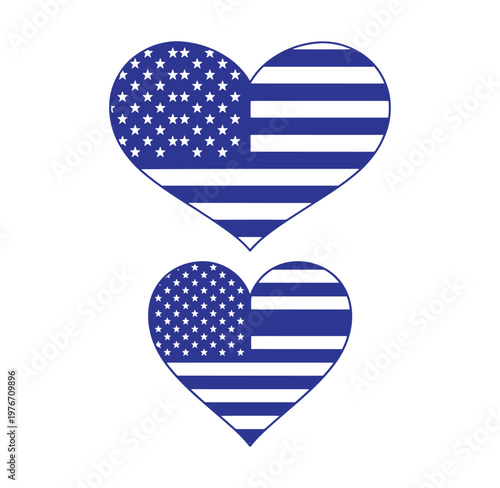 American flag heart shapes in blue and white colors on white background