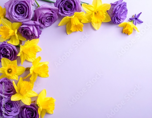 A beautiful spring flowers border featuring a pink rose bouquet and yellow tulip blossoms on a paper frame card for a floral nature gift