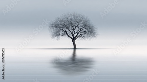 Solitary tree in calm waters with reflections and misty background, evoking a sense of solitude and tranquility in a minimalist landscape setting