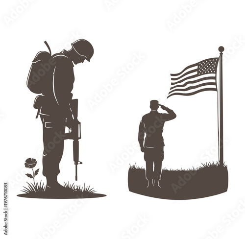 American soldiers saluting and kneeling before the USA flag in memorial  patriotism and respect concept
