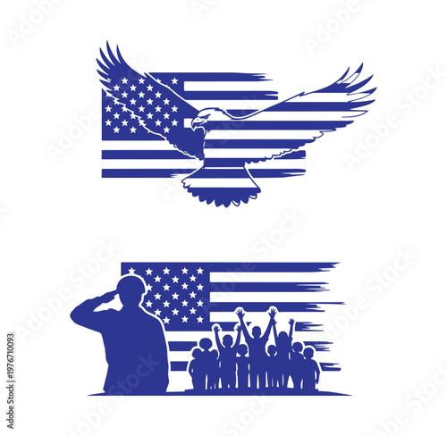 American patriotic symbols with eagle and people silhouettes on flag background