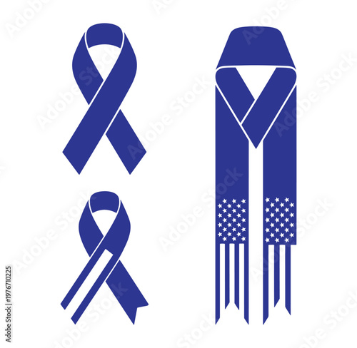 Blue awareness ribbons and American flag scarf on white background