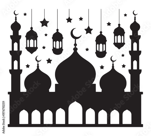 Mosque silhouette with hanging lanterns and stars, Islamic festival graphic design