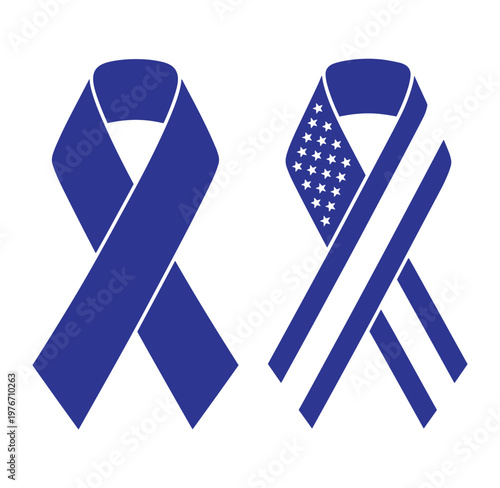 Blue awareness ribbons with American flag pattern isolated on transparent background
